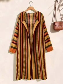 Rusticease Áo cardigan size lớn phối màu sọc kẻ phong cách thường ngày cho mùa Thu/Đông - Màu Đỏ Sâu - Xem 3