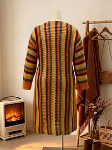 Rusticease Áo cardigan size lớn phối màu sọc kẻ phong cách thường ngày cho mùa Thu/Đông - Màu Đỏ Sâu - Xem 2
