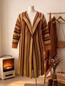 Rusticease Áo cardigan size lớn phối màu sọc kẻ phong cách thường ngày cho mùa Thu/Đông - Màu Đỏ Sâu - Xem 4