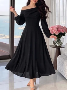 Heiryn Vestido con cuello asimétrico y fruncido delantero - Negro - Ver 5