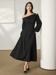 Heiryn Vestido con cuello asimétrico y fruncido delantero - Negro - Ver 11
