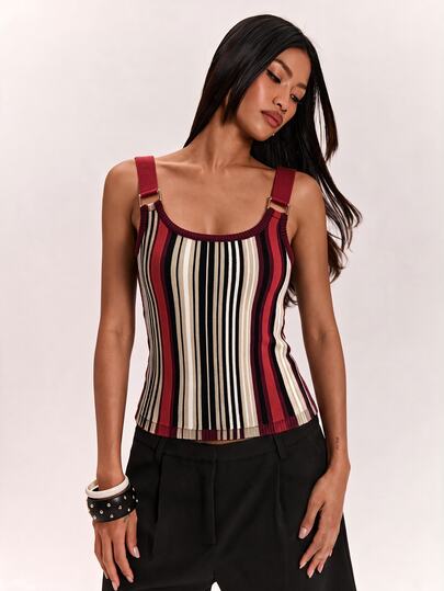 SHEIN BAE Colorful Stripe U Neck Sweater Vest For Women Fall 2026 Casual Versatile Sleeveless Knit Tank Top For Office Weekend Sweater And Jeans Outfi