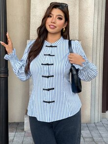 Easura Plus Size Women's Striped Button-Down Long Sleeve Casual Shirt - Multicolor - View 6