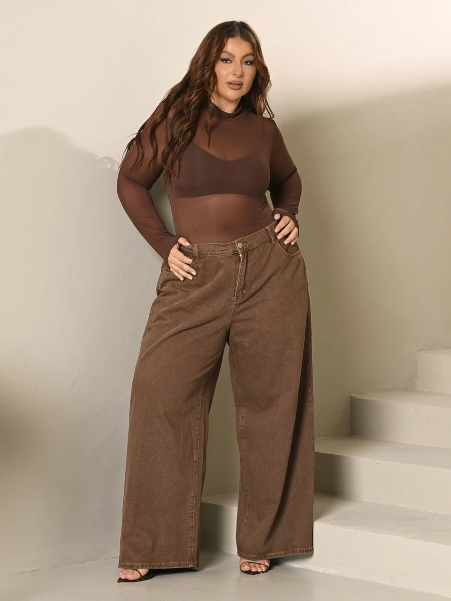 Lele Munniz Plus Size Women Tops Sheer Plain Seksi - Chocolate Brown - View 1
