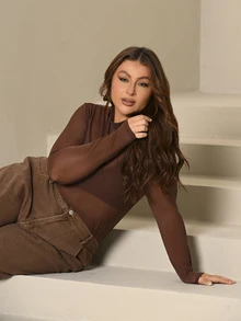Lele Munniz Plus Size Women Tops Sheer Plain Seksi - Chocolate Brown - View 5