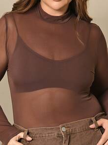 Lele Munniz Plus Size Women Tops Sheer Plain Seksi - Chocolate Brown - View 4
