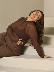 Lele Munniz Plus Size Women Tops Sheer Plain Seksi - Chocolate Brown - View 6
