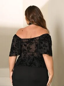 Lele Munniz Plus Size Gothic Square Neck Lace Ruffle Sleeve Tie Front Blouse,Black,Autumn,Elegant,Night Out Club Curvy Tops,Bow Decor,Summer Holiday Party Clothes - Black - View 2