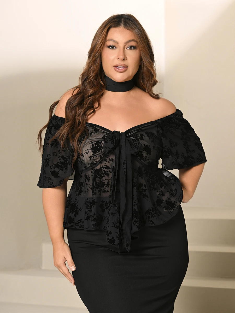 Lele Munniz Plus Size Gothic Square Neck Lace Ruffle Sleeve Tie Front Blouse,Black,Autumn,Elegant,Night Out Club Curvy Tops,Bow Decor,Summer Holiday Party Clothes - Black - View 1