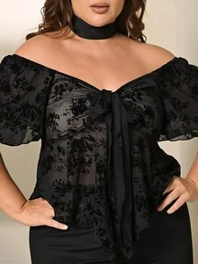 Lele Munniz Plus Size Gothic Square Neck Lace Ruffle Sleeve Tie Front Blouse,Black,Autumn,Elegant,Night Out Club Curvy Tops,Bow Decor,Summer Holiday Party Clothes - Black - View 4