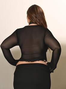 Lele Munniz Plus Size Women Solid Color Mesh Lace Patchwork Long Sleeve Sexy Top, Undershirt, Outerwear Fall - Black - View 2