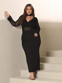 Lele Munniz Plus Size Women Solid Color Mesh Lace Patchwork Long Sleeve Sexy Top, Undershirt, Outerwear Fall - Black - View 5
