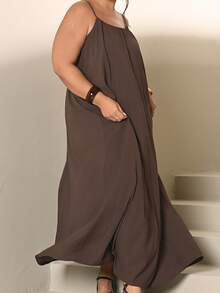 Lele Munniz Plus Size Women Open Back Loose Casual Tank Dress - Coffee Brown - View 6