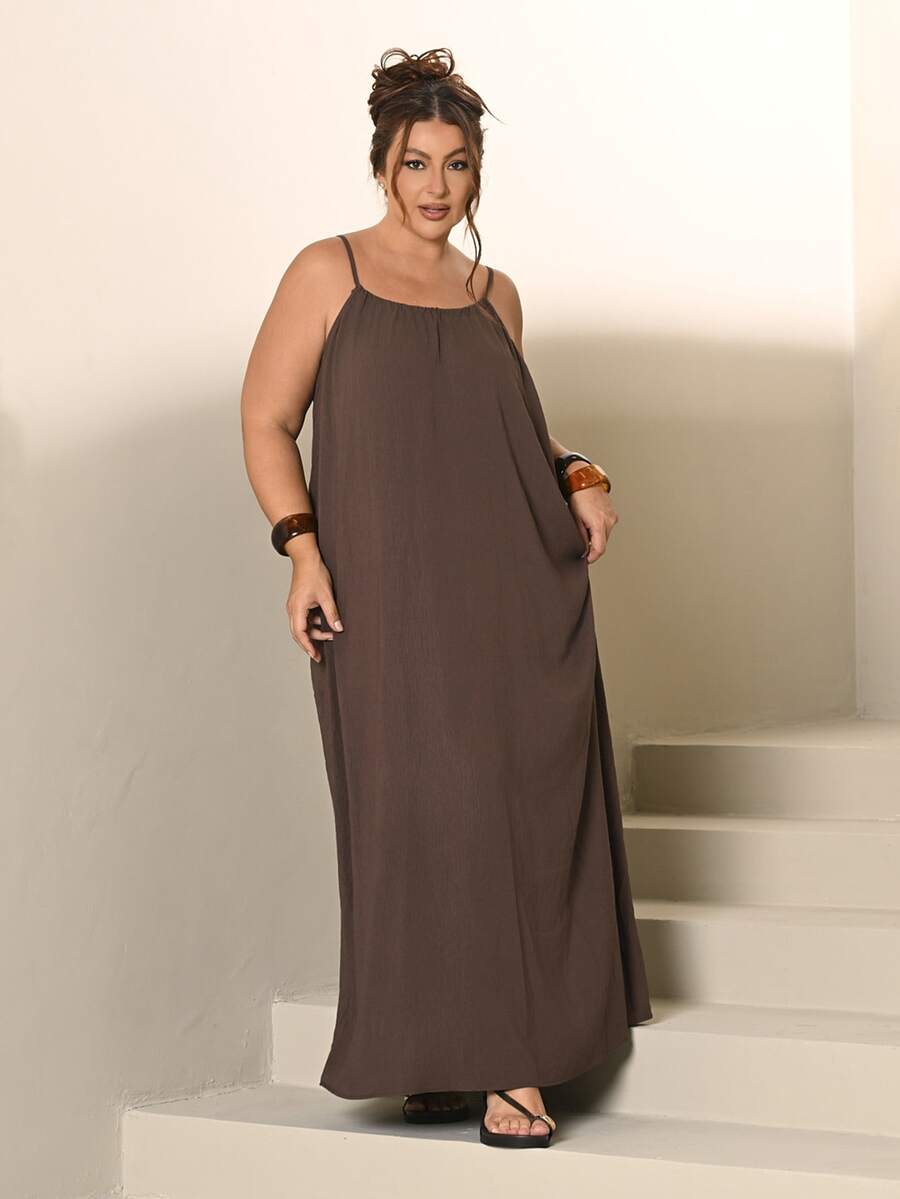 Lele Munniz Plus Size Women Open Back Loose Casual Tank Dress - Coffee Brown - View 1