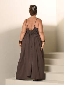 Lele Munniz Plus Size Women Open Back Loose Casual Tank Dress - Coffee Brown - View 2
