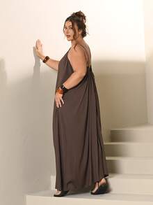 Lele Munniz Plus Size Women Open Back Loose Casual Tank Dress - Coffee Brown - View 3