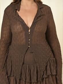 Lele Munniz Plus Size Casual Fitted Long Sleeve Top And Skirt 2 Pieces Set, Suitable For Autumn Brown 2 Pieces Set Crinkle 2 Pieces Set,Fall Clothes For Women - Coffee Brown - View 3