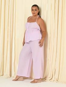 Lele Munniz 2pcs/Set: Plus Size Women's Crinkle Striped Halter Top And Loose Wide-Leg Pants, Casual And Daily Wear - Pink - View 6