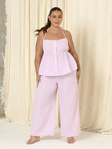 Lele Munniz 2pcs/Set: Plus Size Women's Crinkle Striped Halter Top And Loose Wide-Leg Pants, Casual And Daily Wear - Pink - View 1