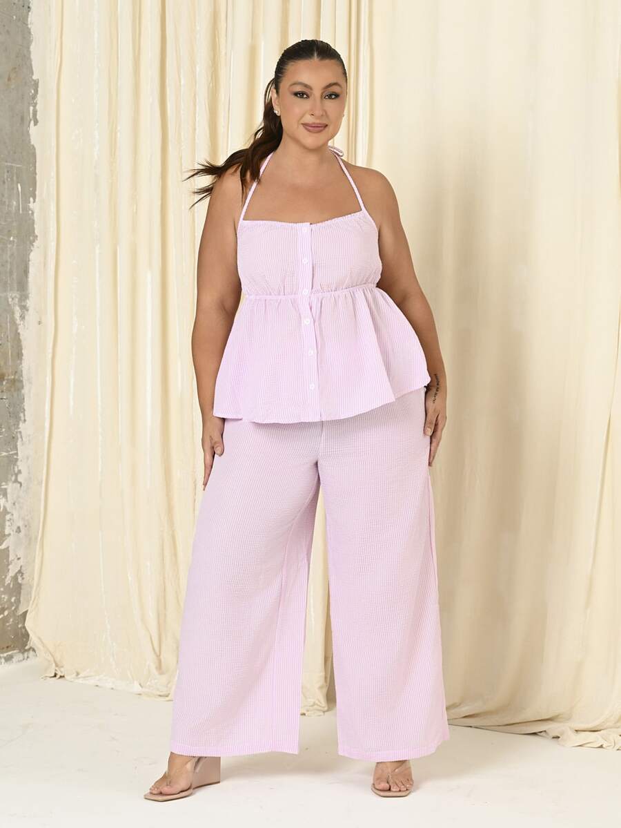 Lele Munniz 2pcs/Set: Plus Size Women's Crinkle Striped Halter Top And Loose Wide-Leg Pants, Casual And Daily Wear - Pink - View 1