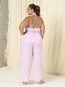 Lele Munniz 2pcs/Set: Plus Size Women's Crinkle Striped Halter Top And Loose Wide-Leg Pants, Casual And Daily Wear - Pink - View 2