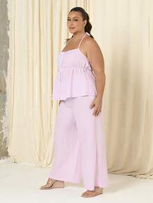 Lele Munniz 2pcs/Set: Plus Size Women's Crinkle Striped Halter Top And Loose Wide-Leg Pants, Casual And Daily Wear - Pink - View 4