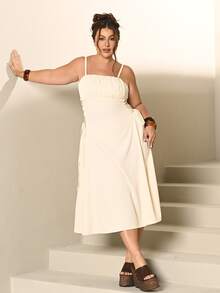 Lele Munniz Plus Size Solid Color Ruffle Trim Side Cross Lace Up Strap Cami Dress For Summer,Birthday Dresses For Women,Corset Dress For Women - Apricot - View 5