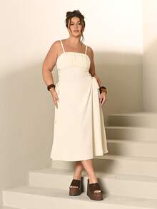 Lele Munniz Plus Size Solid Color Ruffle Trim Side Cross Lace Up Strap Cami Dress For Summer,Birthday Dresses For Women,Corset Dress For Women - Apricot - View 1
