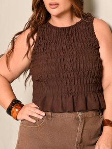 Lele Munniz Plus Size Women Summer Boho Elastic Ruched Camisole Top - Brown - View 4