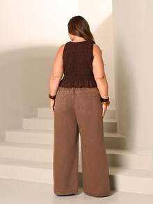 Lele Munniz Plus Size Women Summer Boho Elastic Ruched Camisole Top - Brown - View 3