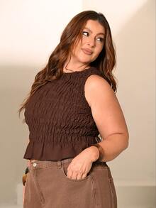Lele Munniz Plus Size Women Summer Boho Elastic Ruched Camisole Top - Brown - View 6