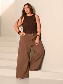 Lele Munniz Plus Size Women Summer Boho Elastic Ruched Camisole Top - Brown - View 5