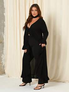 Lele Munniz ICON Plus Size Women's V-Neck Tie-Front Bell Sleeve Knit Top Fall - Black - View 3