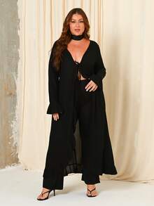Lele Munniz ICON Plus Size Women's V-Neck Tie-Front Bell Sleeve Knit Top Fall - Black - View 5