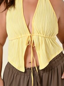 Lele Munniz Plus Size Black Halter Tie Bow Backless Knit Top, Front Tie Bow Strap Top, Y2K Basic Halter Neck Top, Summer Tops - Light Yellow - View 5