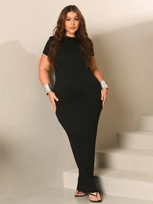 Lele Munniz Plus Size Spring/Summer Elegant Sexy Solid Color Slim Fit Dress,Ibiza,Nashville,Rave,Modest,Chic, Date Night Black - Black - View 1