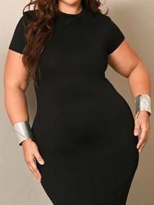 Lele Munniz Plus Size Spring/Summer Elegant Sexy Solid Color Slim Fit Dress,Ibiza,Nashville,Rave,Modest,Chic, Date Night Black - Black - View 3