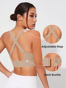 SHEIN Sports Khaki Colorblock Sports Bra For Women Criss Cross Design Scoop Neck Seamless Breathable Fabric Support - Khaki - View 2