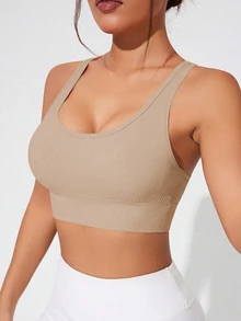SHEIN Sports Khaki Colorblock Sports Bra For Women Criss Cross Design Scoop Neck Seamless Breathable Fabric Support - Khaki - View 6