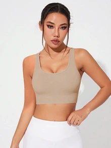 SHEIN Sports Khaki Colorblock Sports Bra For Women Criss Cross Design Scoop Neck Seamless Breathable Fabric Support - Khaki - View 5