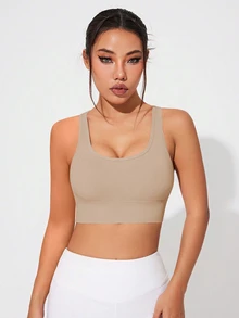 SHEIN Sports Khaki Colorblock Sports Bra For Women Criss Cross Design Scoop Neck Seamless Breathable Fabric Support - Khaki - View 4