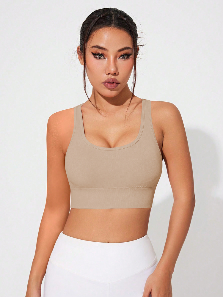 Solea Cove Solea Cove Khaki Colorblock Sports Bra For Women Criss Cross Design Scoop Neck Seamless Breathable Fabric Support - Khaki - View 4