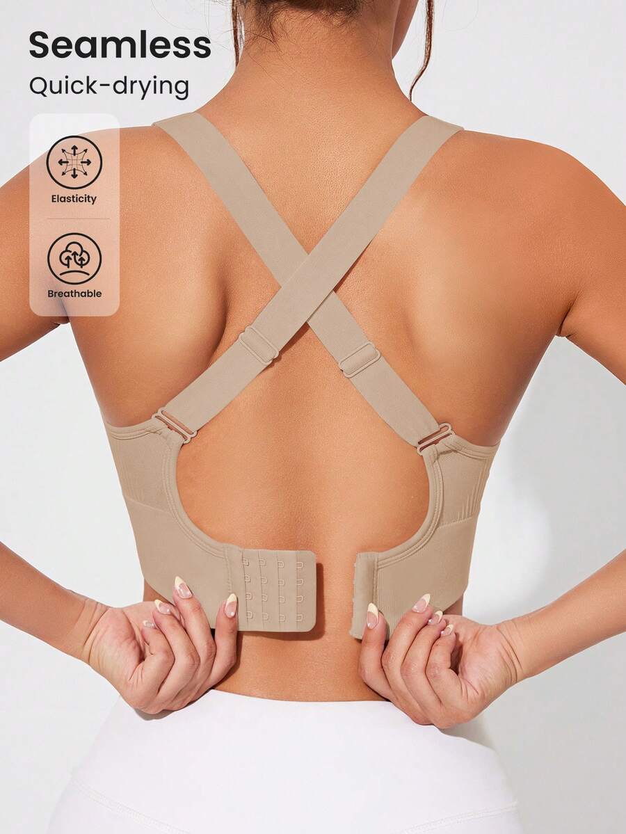 SHEIN Sports Khaki Colorblock Sports Bra For Women Criss Cross Design Scoop Neck Seamless Breathable Fabric Support - Khaki - View 1