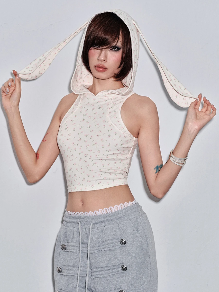 ROMWE Kawaii Cute Floral Apricot Print Rabbit Ear Hooded Women's Tank Top - Apricot - View 1