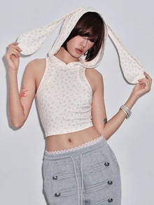 ROMWE Kawaii Tank Top Wanita Berkerudung dengan Motif Aprikot Bunga yang Lucu dan Telinga Kelinci - Aprikot - View 1