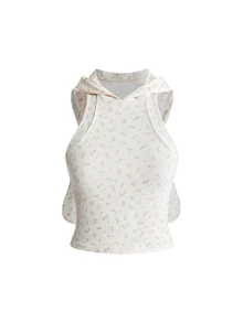ROMWE Kawaii Tank Top Wanita Berkerudung dengan Motif Aprikot Bunga yang Lucu dan Telinga Kelinci - Aprikot - View 3