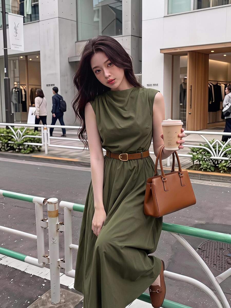 SHEIN MOD Women's Solid Color Sleeveless Dress (With Belt), Back To School Season, Olive Dress - Army Green - View 1