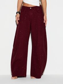 KIZN Burgundy Wide Leg Jeans With Allover Rhinestone And Polka Dot Embellishment Full Length Mid Rise Sparkle Denim Pants Holiday Party - Burgundy - View 1
