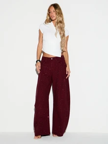 KIZN Burgundy Wide Leg Jeans With Allover Rhinestone And Polka Dot Embellishment Full Length Mid Rise Sparkle Denim Pants Holiday Party - Burgundy - View 3