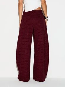 KIZN Burgundy Wide Leg Jeans With Allover Rhinestone And Polka Dot Embellishment Full Length Mid Rise Sparkle Denim Pants Holiday Party - Burgundy - View 2